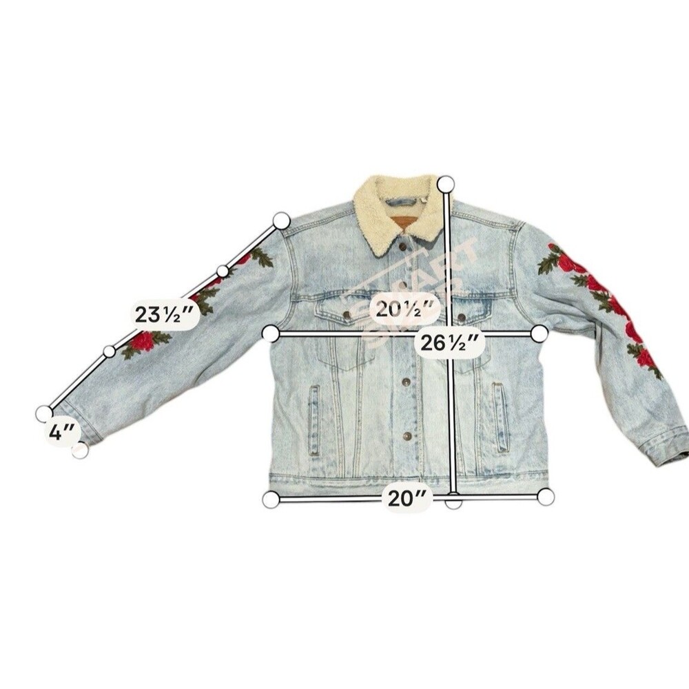 Levi’s Sherpa Lined Embroidered Denim Jacket  Blue 90s Trucker Rose size Large - Picture 8 of 8